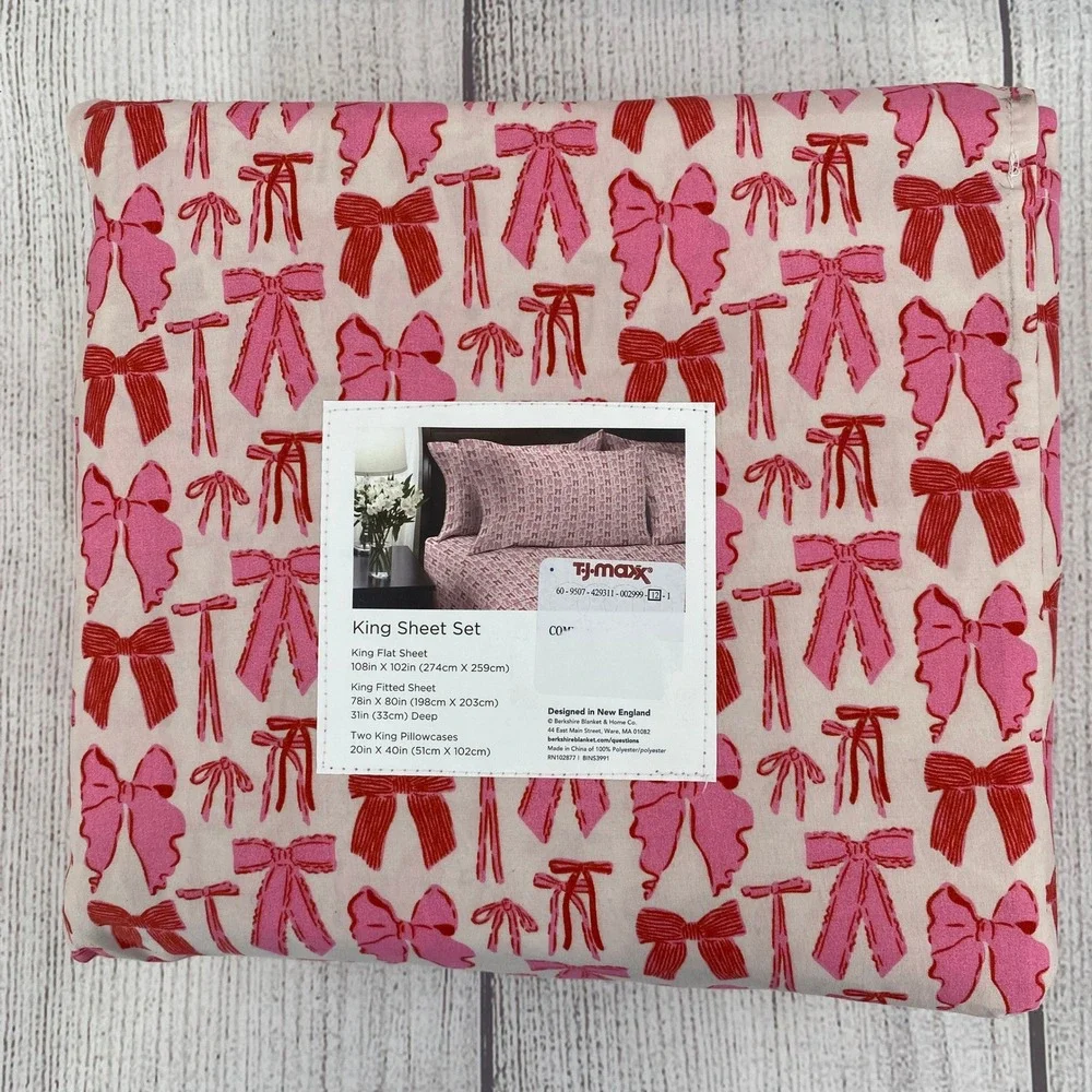 Berkshire Sheet Set KING Artist Series Pink Red Bow Ribbon Krissy Mast Whimsical